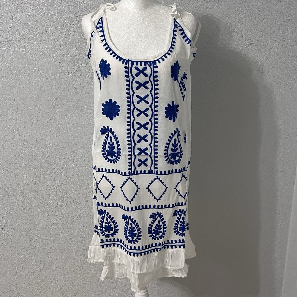 Debbie Katz NWT Size Small Tunic Cover Up Embroidered Bohemian White and Blue